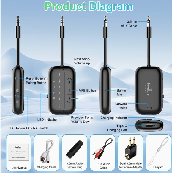 Pro Bluetooth Transmitter Receiver,2-in-1 Airplane Bluetooth 5.4 Adapter - Picture 6 of 16